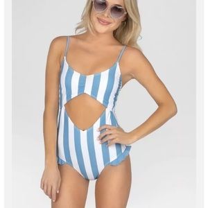 SUGARCOAST Lolli Swim Ruffle Cut-Out Blue/White Stripe One-Piece Swimsuit LARGE